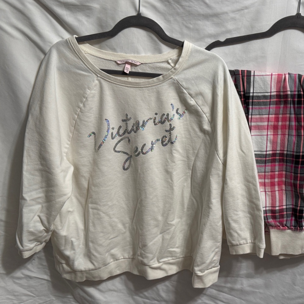 Victoria's Secret Cream Sweatshirt with Glitter sequin Logo /plaid joggers